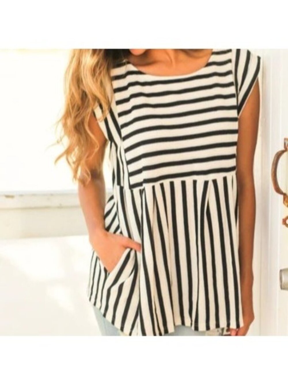 By Together Navy & White Striped Babydoll Top with Pockets Short Sleeve Medium